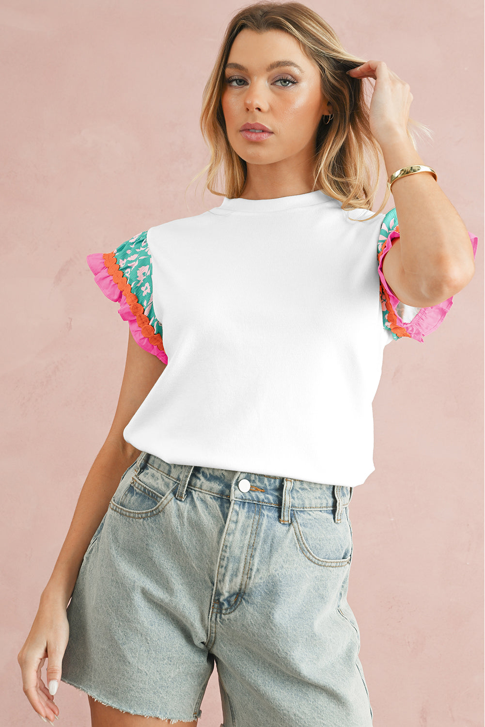 Peach Blossom Ricrac Applique Floral Sleeve Textured Blouse