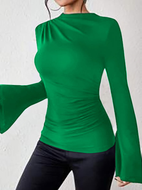 Flared Sleeve Boat Neck Long Sleeve Pleated Solid Color T-Shirt