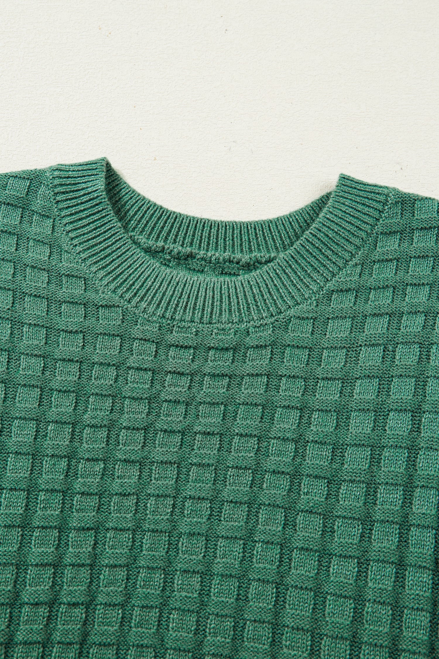 Mist Green Solid Color Round Neck Textured Short Sleeve Sweater