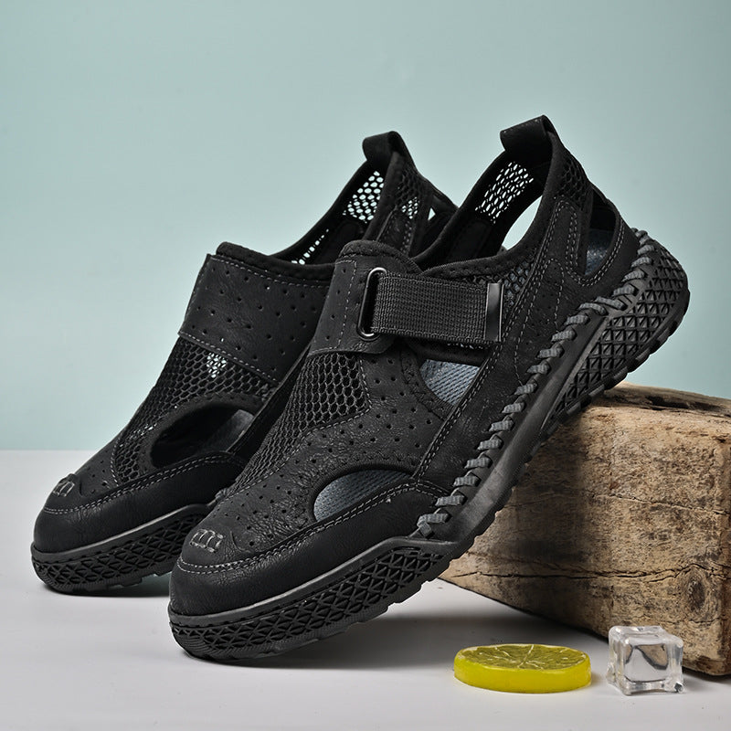 Men's Breathable Leather Mesh Closed-Toe Sandals with Velcro Strap - Genuine Leather & Rubber Sole