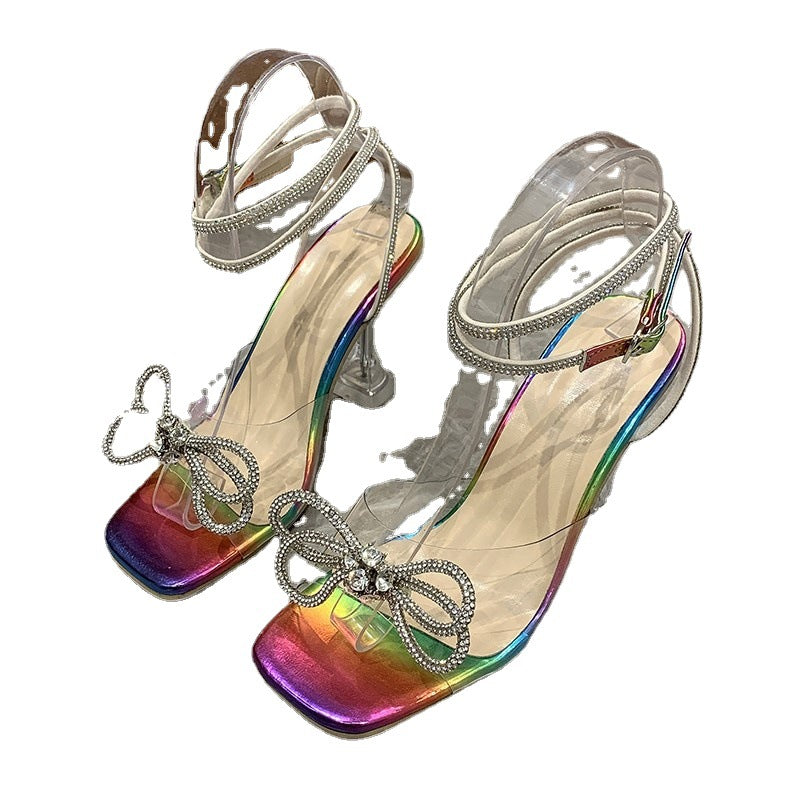 Rhinestone Bow Crystal Clear Wine Glass Heel Sandals - Women's Square Toe High Heel Buckle Sandals
