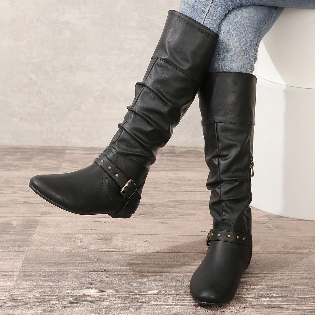 Women's Retro Belt-Buckle Leather Boots - Round Toe Chunky Heel Winter Boots
