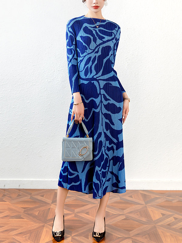 Fashion Floral Printed Pleated Long Sleeves Midi Dress