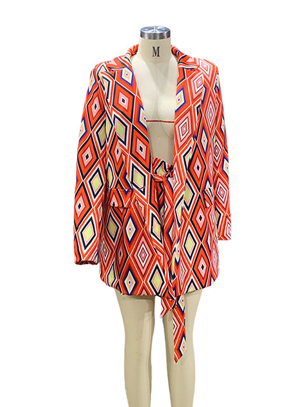 Long Sleeves Loose Buttoned Pockets Printed Notched Collar Blazer Top + Shorts Bottom Two Pieces Set