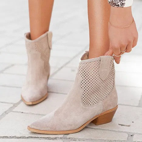 Women's Embossed Suede Mid-Heel Boots - Pointed Toe Slip-On Ankle Boots in Large Sizes