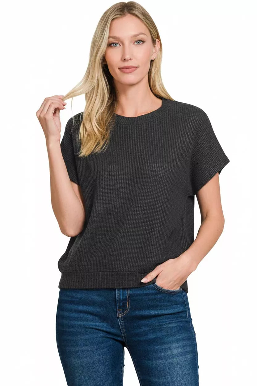 Round Neck Banded Botton Short Sleeve Sweater