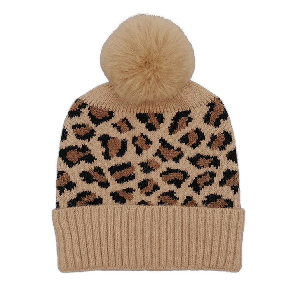 Pom Beanie with Camel Leopard Print - Trendy Casual Fashion Accessory
