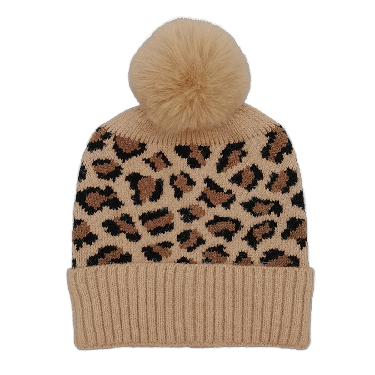 Pom Beanie with Camel Leopard Print - Trendy Casual Fashion Accessory