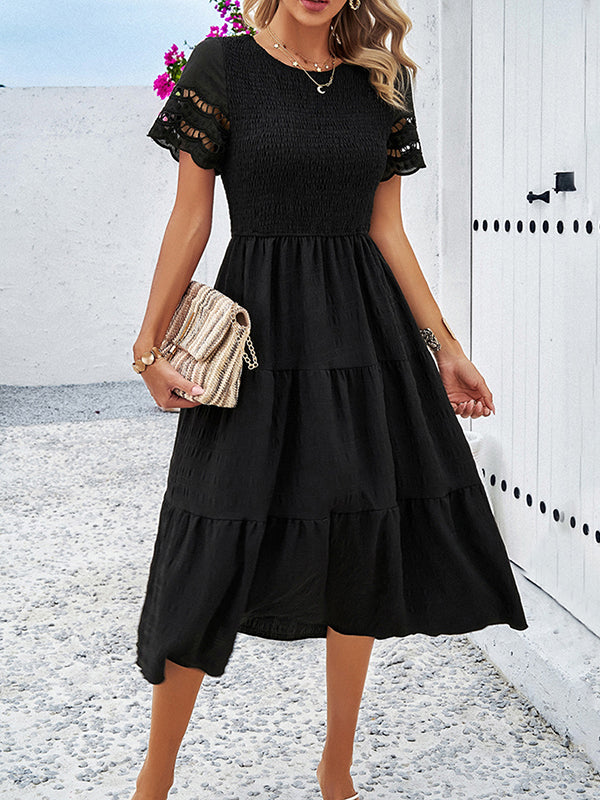 A-Line Loose Elasticity Hollow Solid Color Split-Joint Round-Neck Midi Dresses