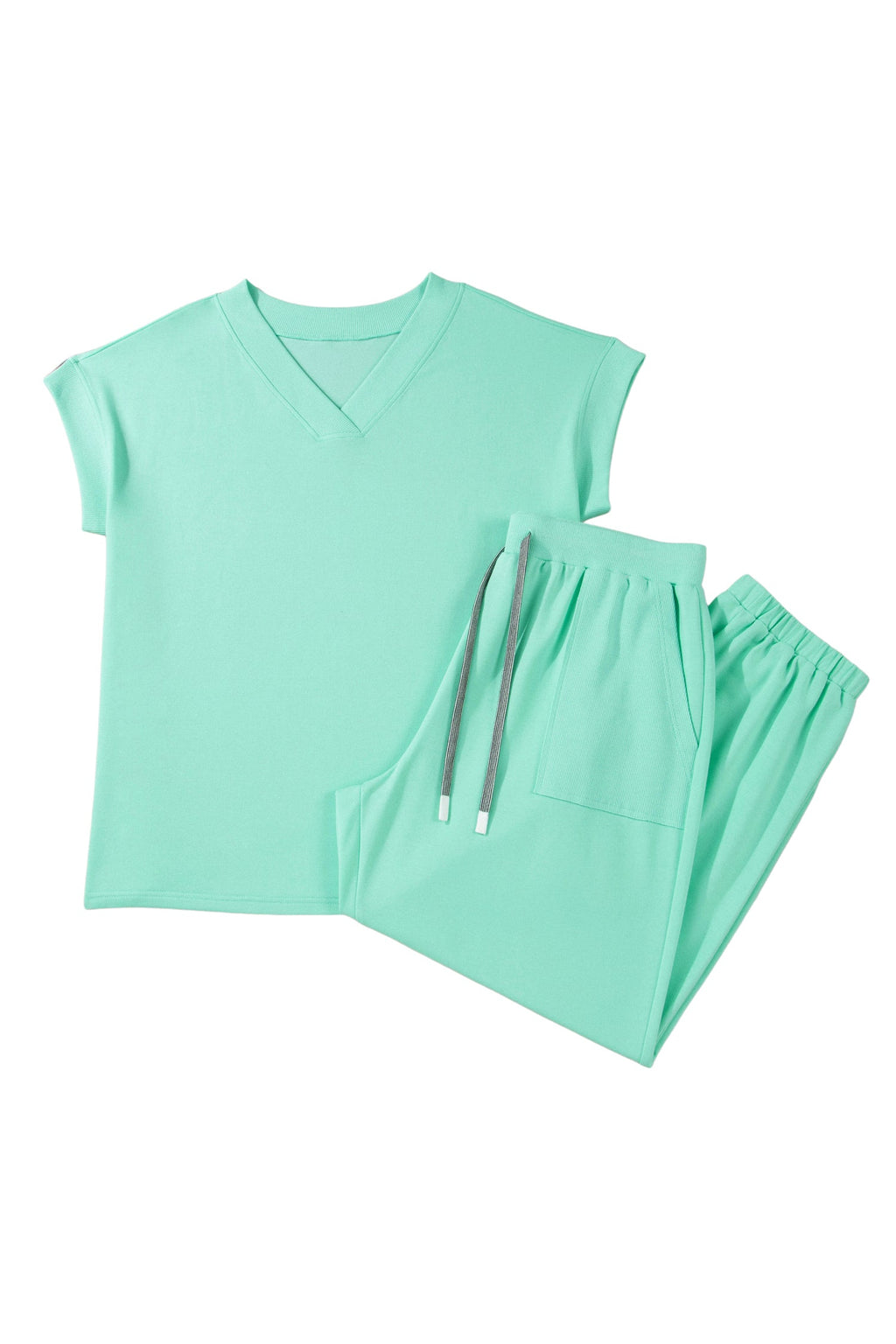 Mint Green Solid V-Neck Tee and Drawstring Plus Size Pants Set