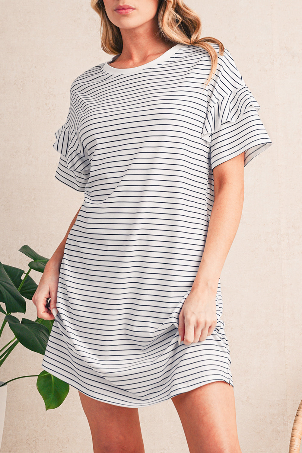White Stripe Ruffle Short Sleeve T Shirt Mini Dress