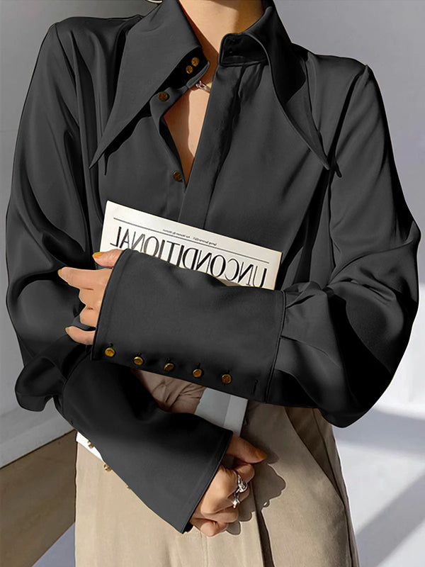Long Sleeves Loose Buttoned Lapel Blouses&Shirts Tops