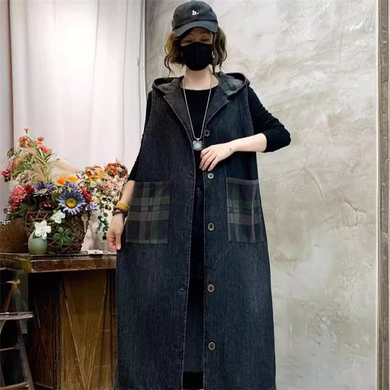 Vintage Hooded Patchwork Plaid Long Denim Vest