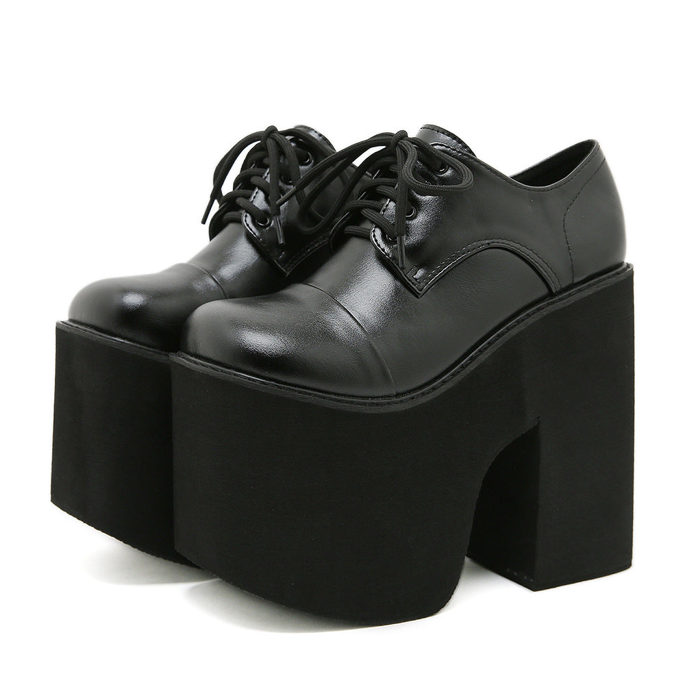 Women's Round-Toe Waterproof Platform Chunky-Heel Lace-Up Shoes | Black PU Leather