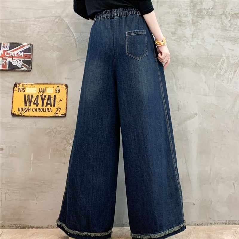 High-Waisted Solid Color Elastic Wide Leg Straight Pants