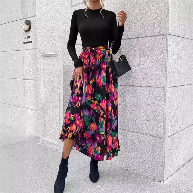 Long Sleeve Stand Collar Floral Printed Patchwork A-Line Tied Maxi Dress