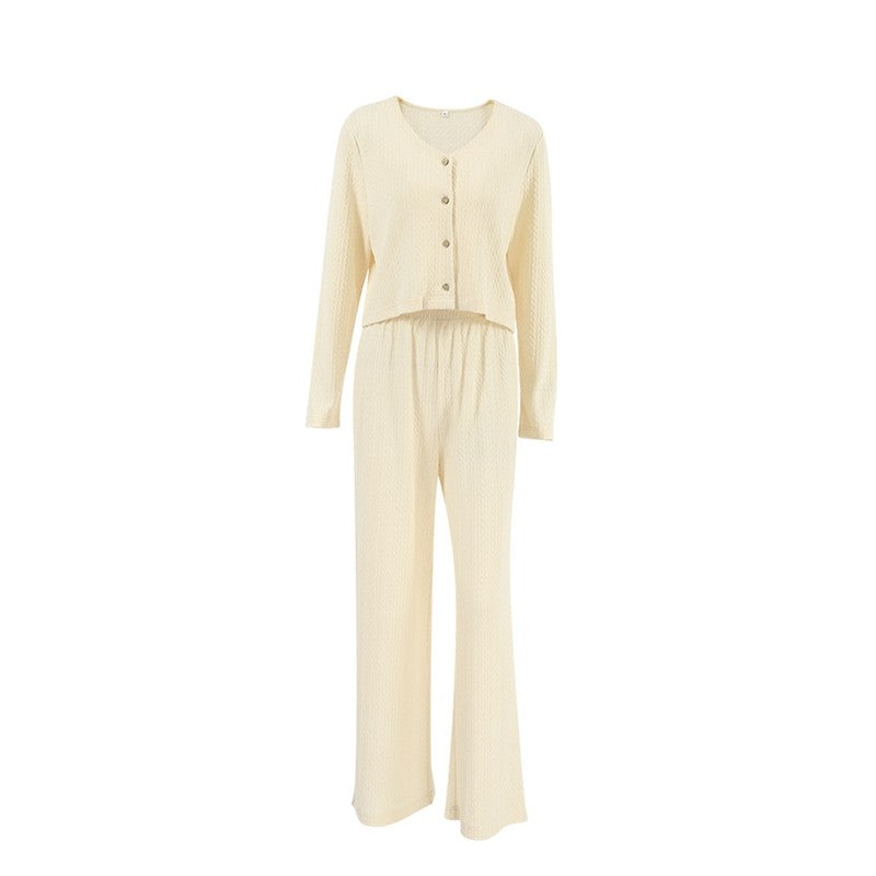 Solid Color Knitted V-Neck Cardigan and Pants Lounge Suit