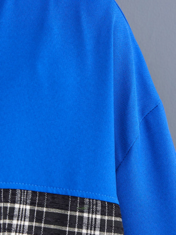 Original Long Sleeves Loose Contrast Color Plaid Split-Joint Zipper Stand Collar Outerwear
