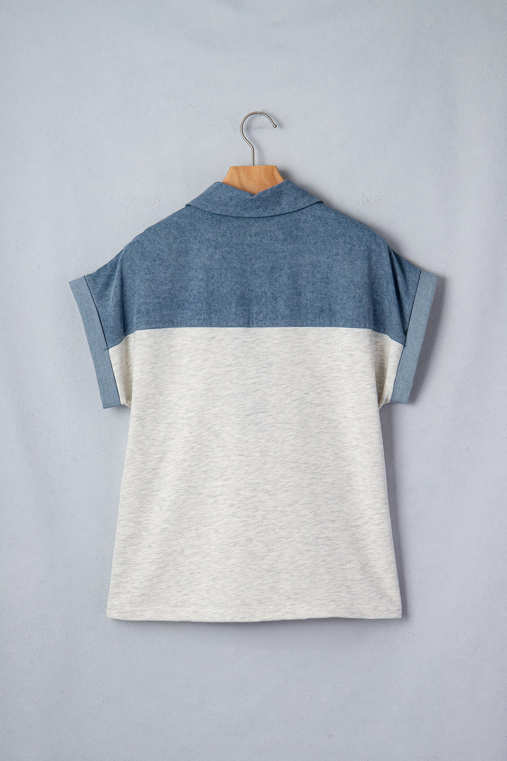 Light Grey Color Block Denim Patchwork Button Polo Collar Short Sleeve Top