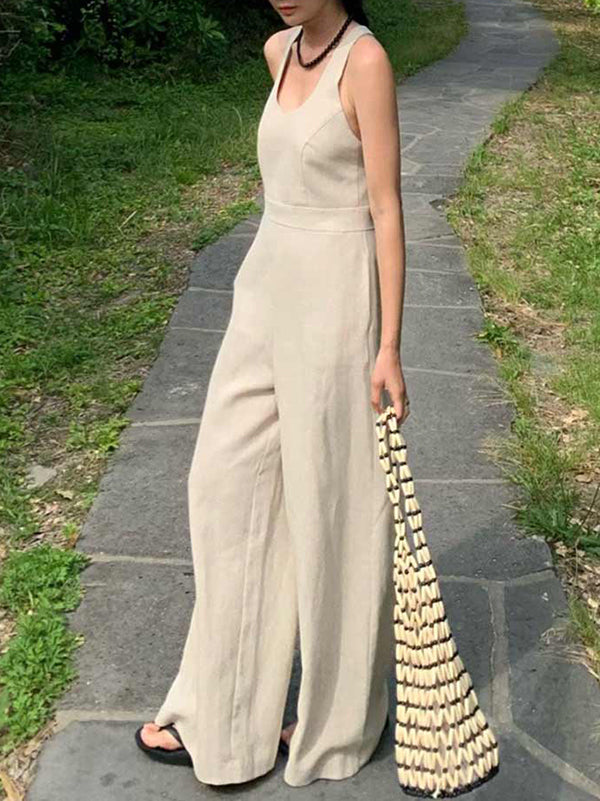 Sleeveless Wide Leg Solid Color Round-Neck Jumpsuits