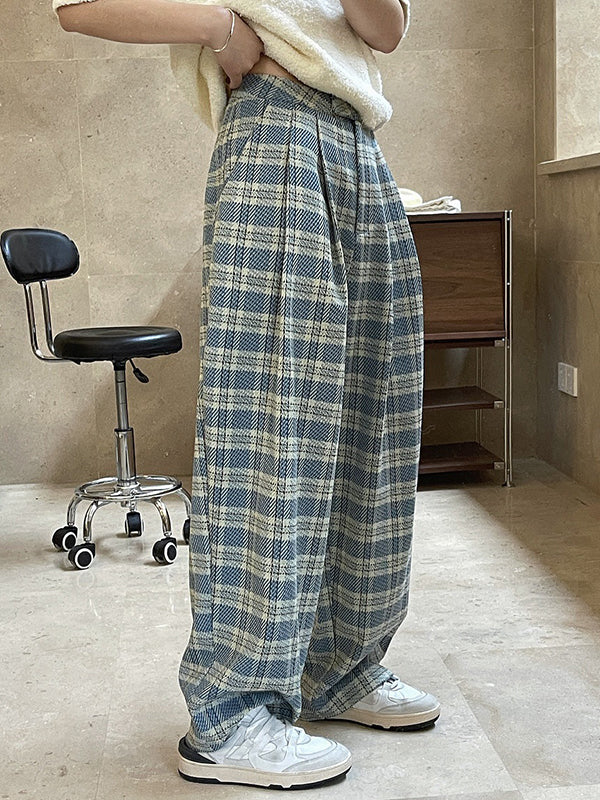 Vintage Wide Leg High-Waisted Pleated Plaid Pants