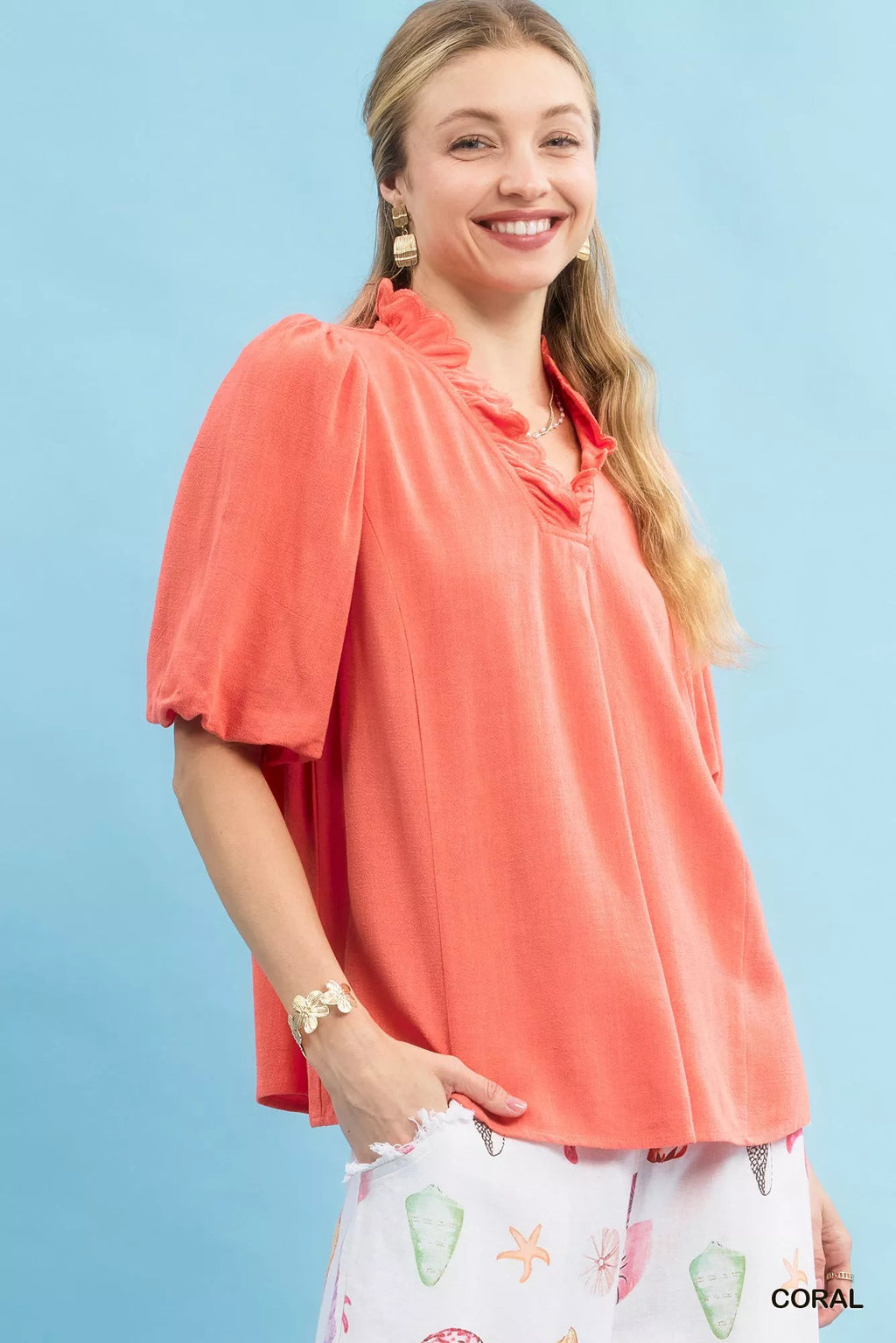 Linen Scallop Trim V-Neck Blouse
