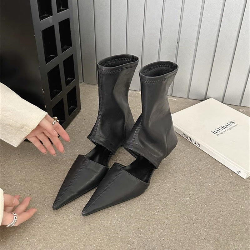 Women's French-Style Pointed-Toe Stiletto Boots - Mid-Calf Hollow-Out Design Stretchy PU Leather