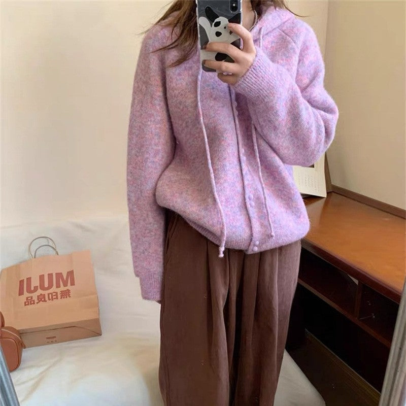 Solid Color Long Sleeve Hooded Drawstring Pullover Sweater