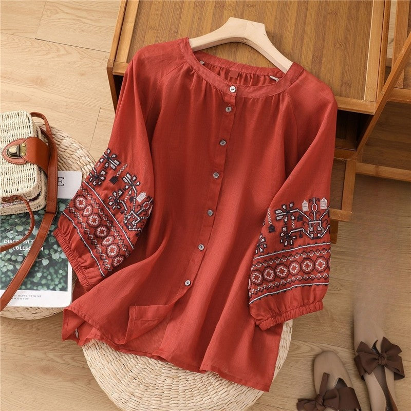 Embroidered Lantern Sleeve Cardigan T-Shirt