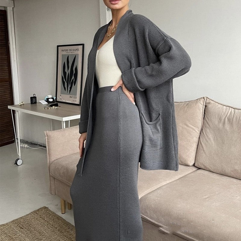 Two-Piece Solid Color Long Sleeve Sweater Cardigan and Skirt Set