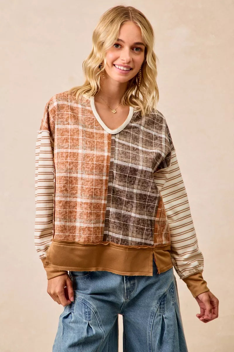 Plaid And Stripe Mix And Match Top With Open Seam
