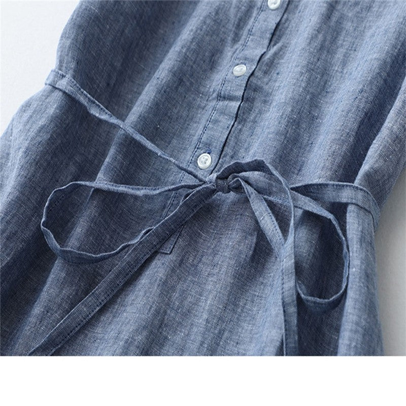 Half-Opening Buckle Waist Frenulum Polo Collar Mid Length Dress