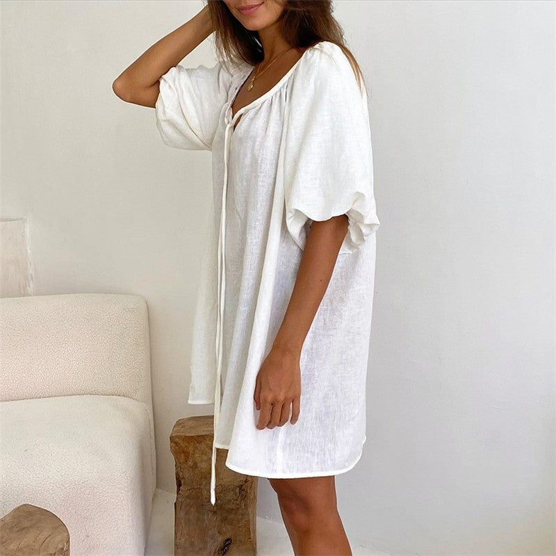 Relaxed Fit Bubble Sleeve Nightgown with Front Tie