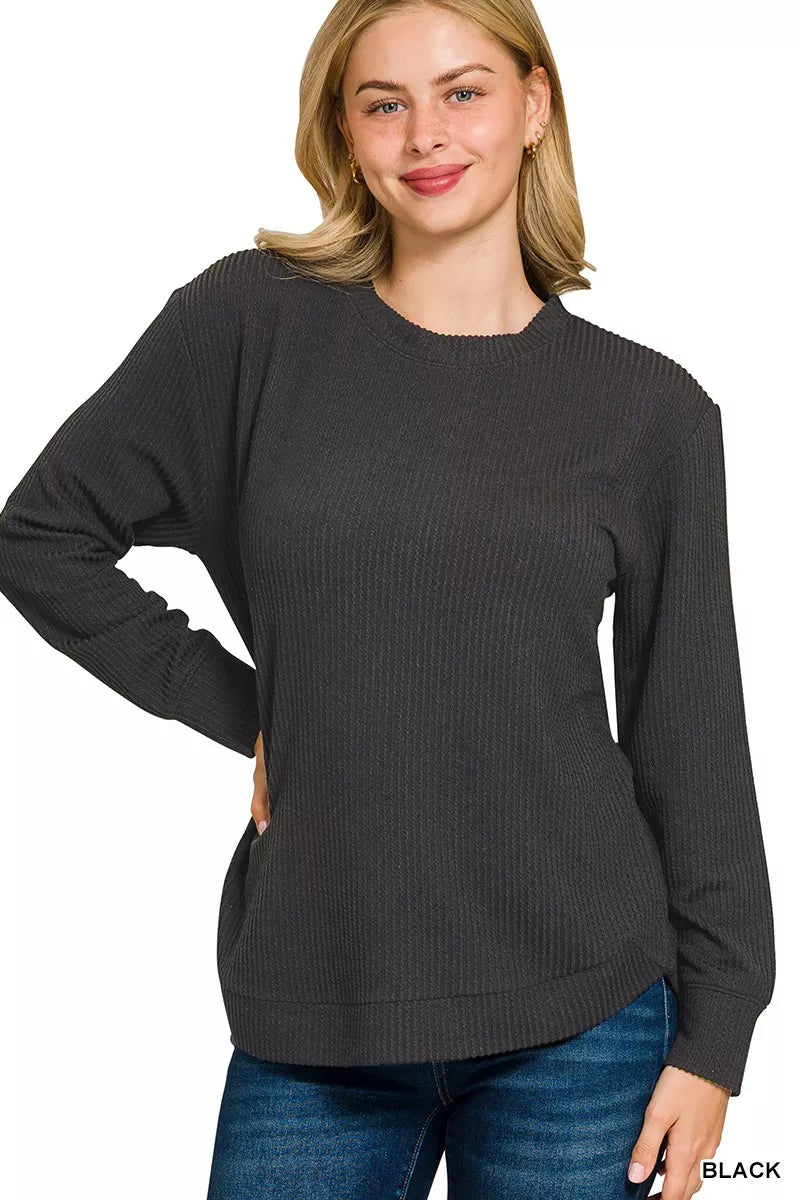 Full Size Raised Rib Round Neck Long Sleeve Top Plus Size
