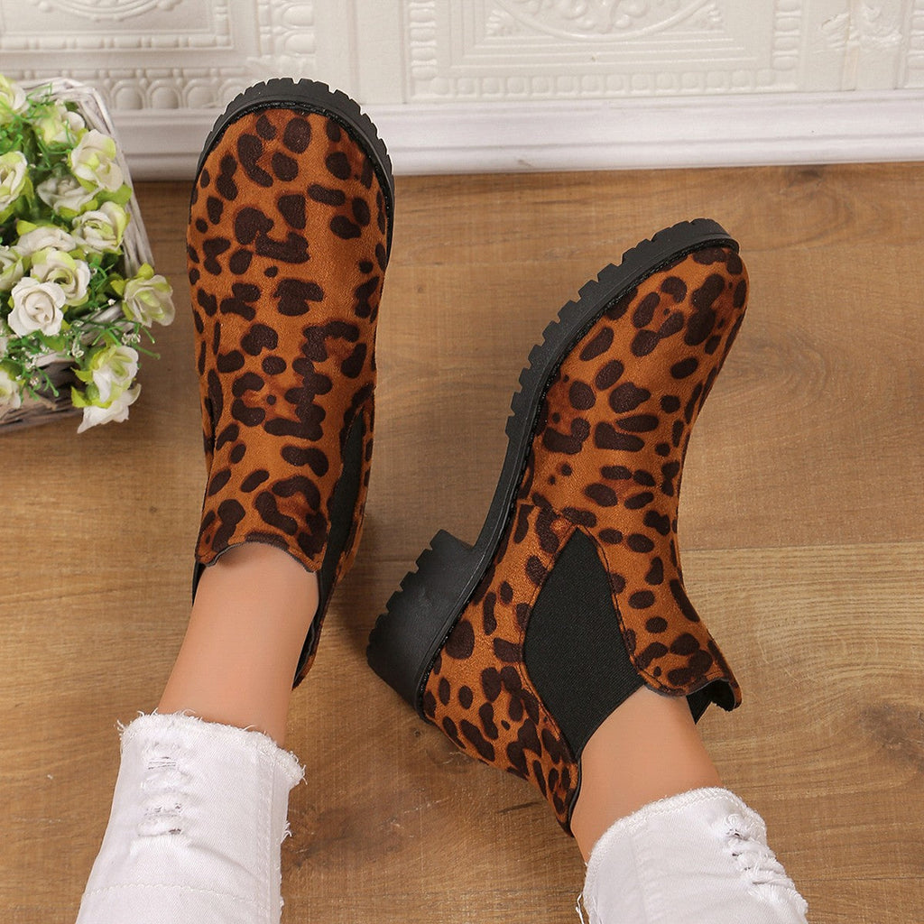Leopard Print Ankle Boots Women - Mid Heel Chunky Sole Slip-On Boots
