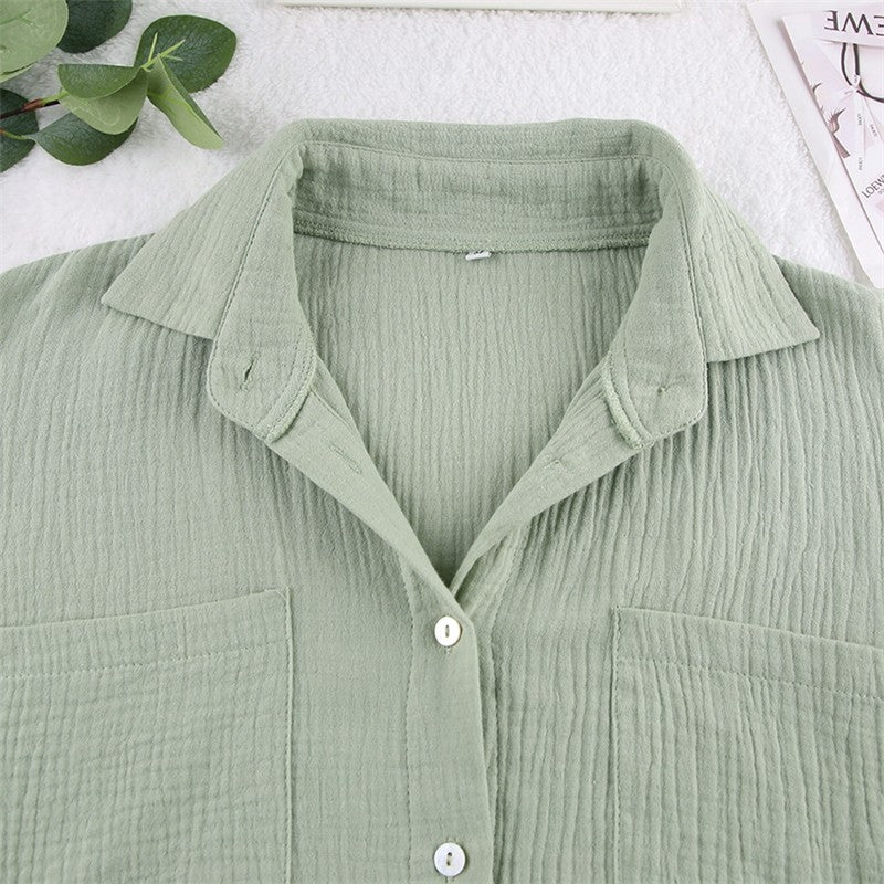 Solid Color Loose Long Sleeve Lapel Buttoned Waist Tied Blouse and Pants Two-Piece Loungewear Set