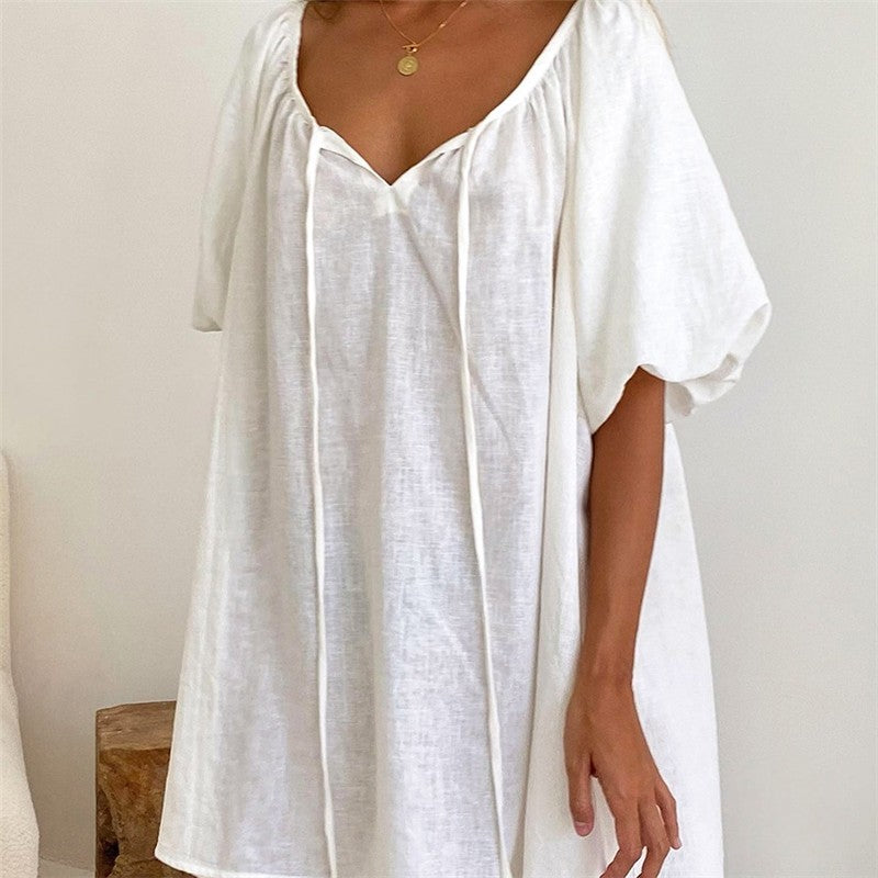 Relaxed Fit Bubble Sleeve Nightgown with Front Tie