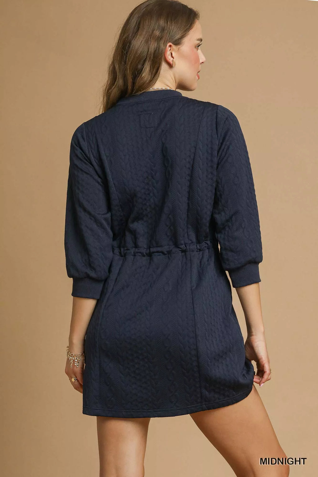 Drawstring Cable Knit Mini Dress with Pockets
