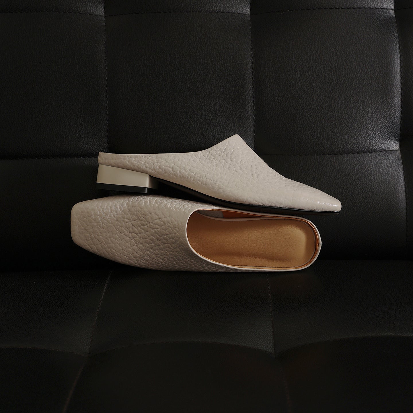 Women's Square Toe Cowhide Mules | Low Block Heel Slip-On Backless Shoes