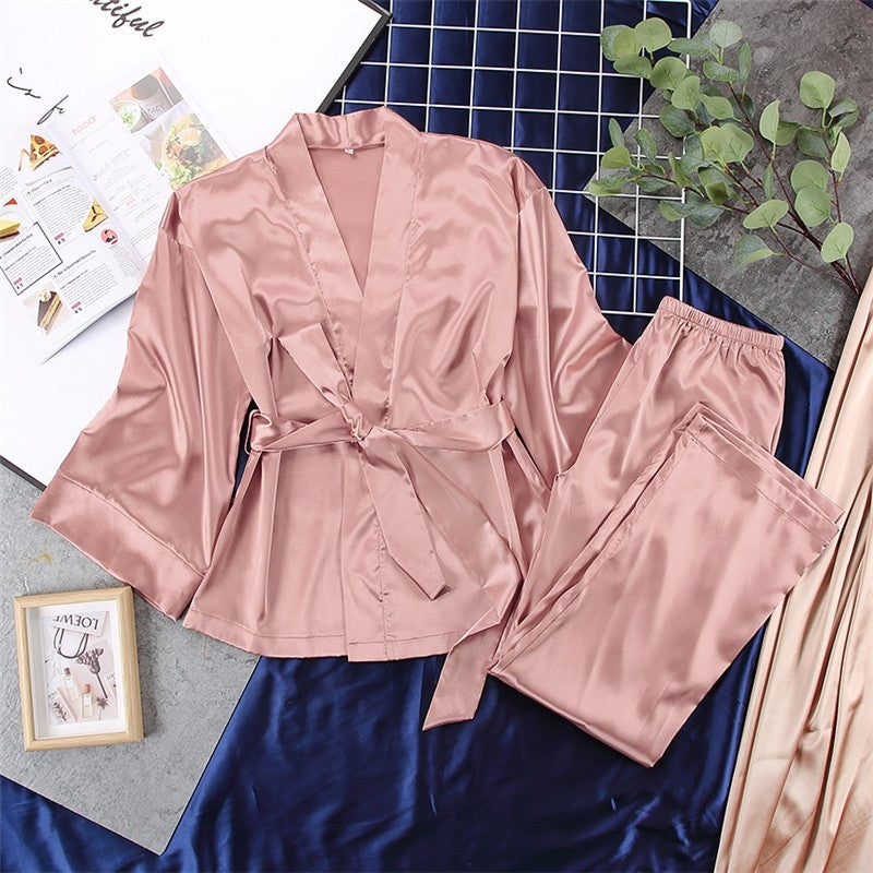 Solid Color Satin Tie Pajama Set