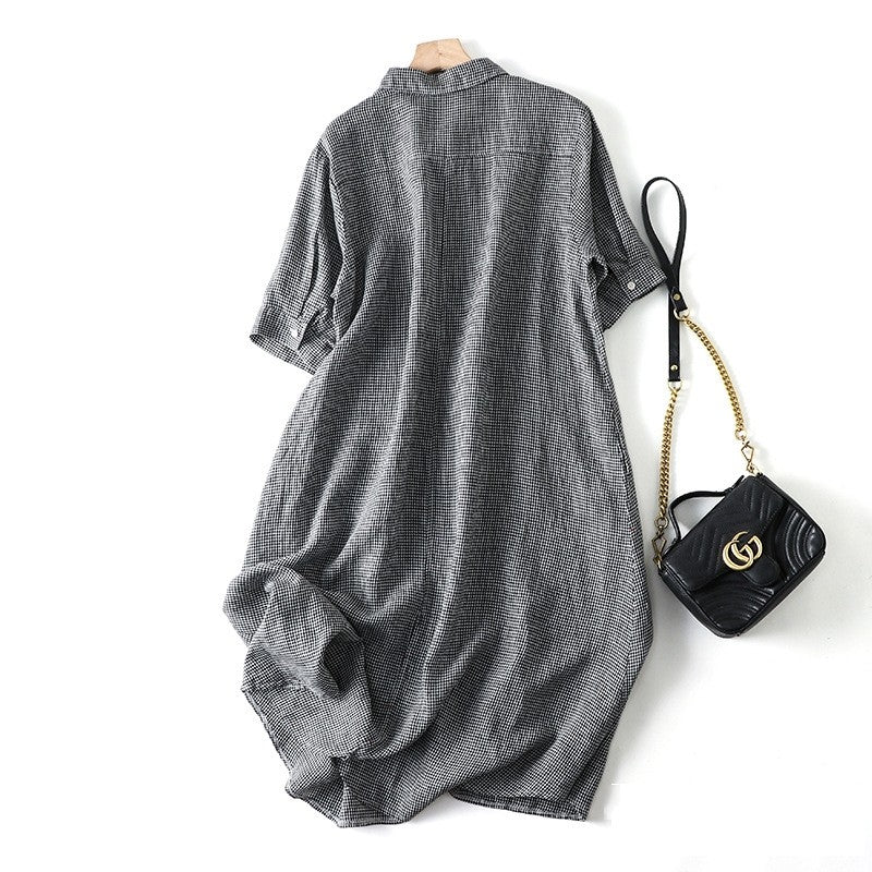 Short Sleeve Lapel A-Line Ramie Cotton Casual Retro Dress
