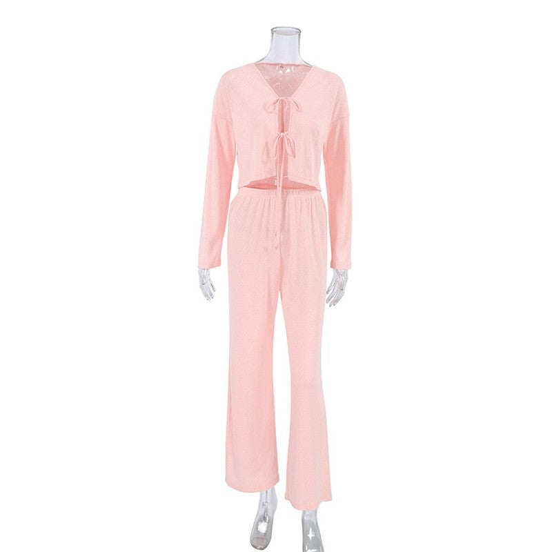 Solid Color Knit Jacquard Long Sleeve Long Pants Lounge Set