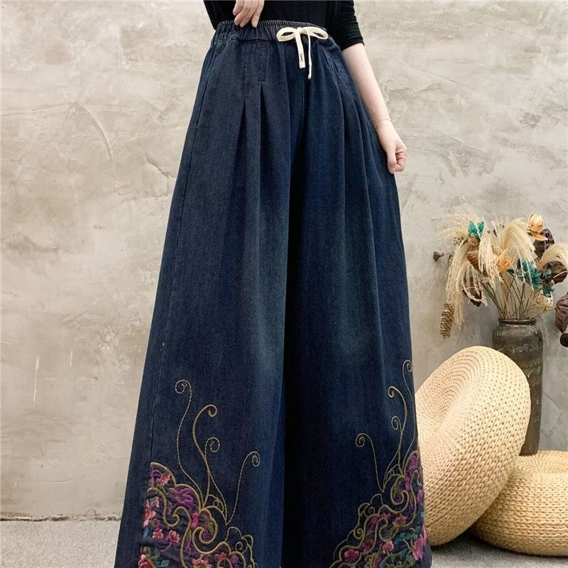 Embroidered Floral High Waist Belted Wide Leg Pants