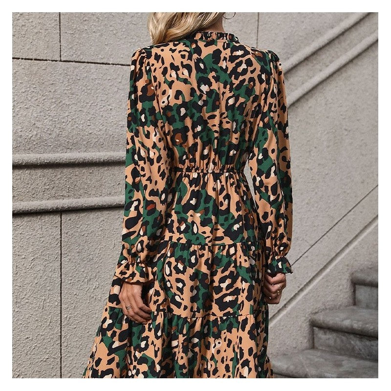 Leopard Print Belted Long Sleeve Midi Dress