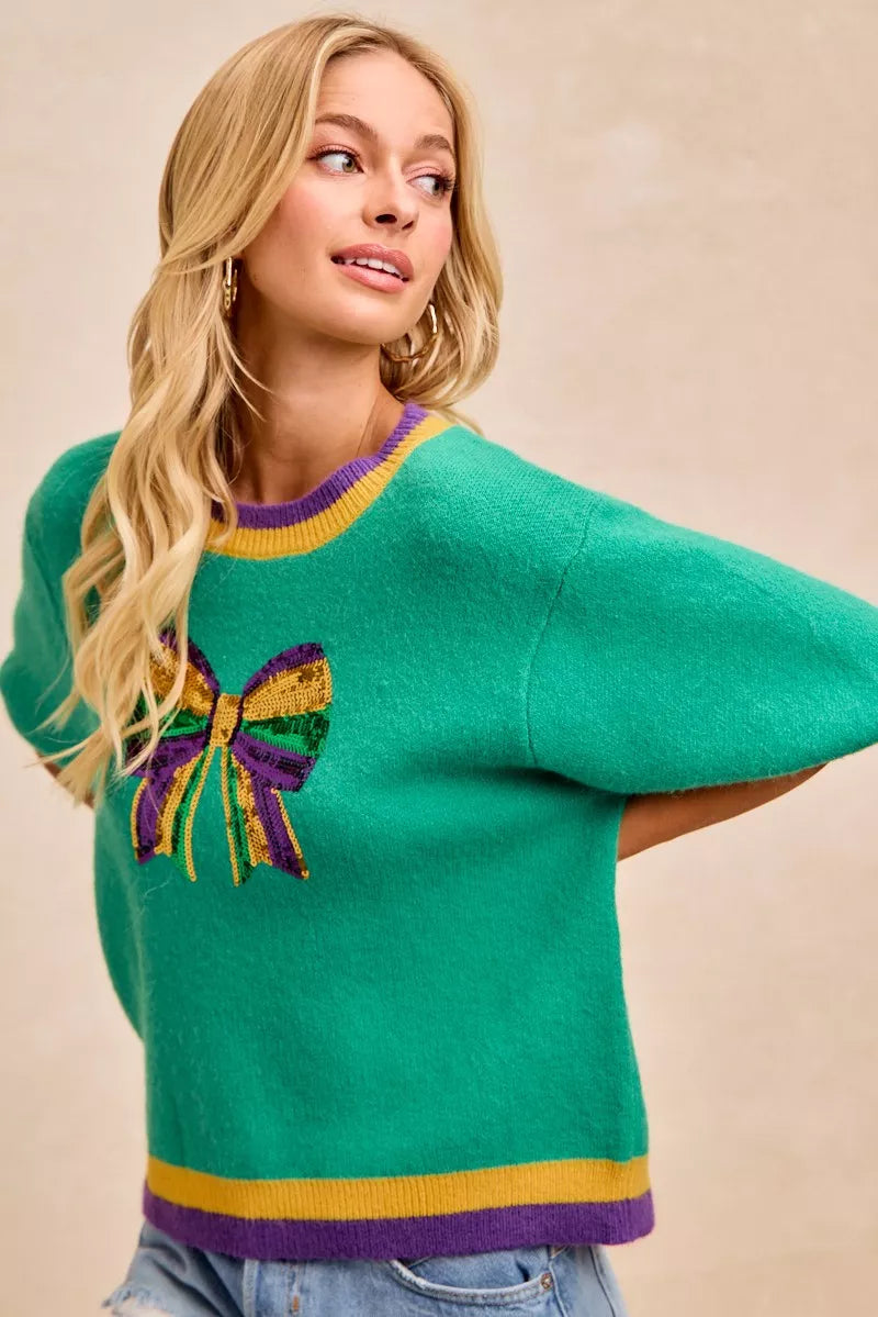Mardi Gras Sequin Ribbon Patched Sweater