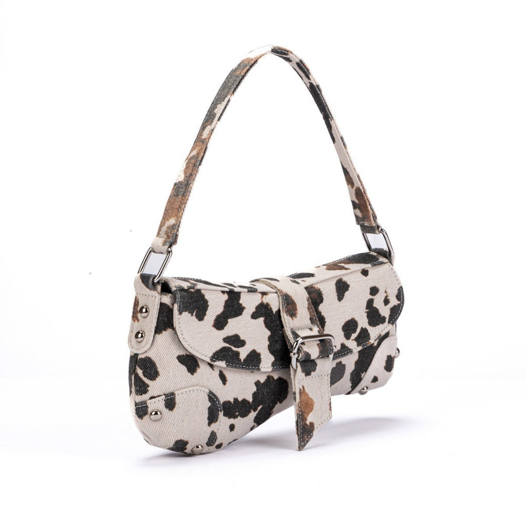 Leopard Print Underarm Bag - Distressed Canvas Shoulder Bag for Women