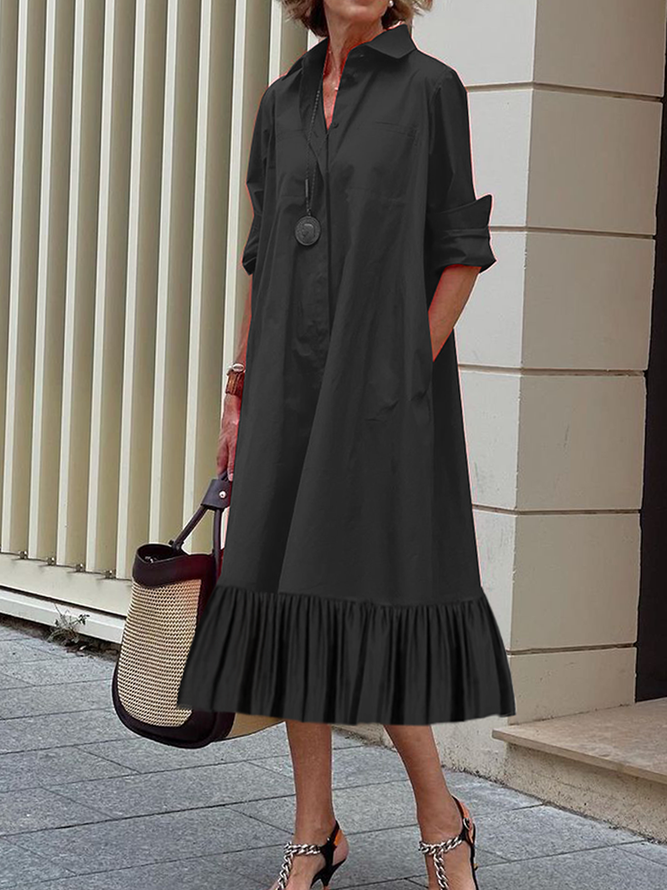 Solid Color A-Line Midi Dress with Long Sleeves and Pleated Lapel Collar