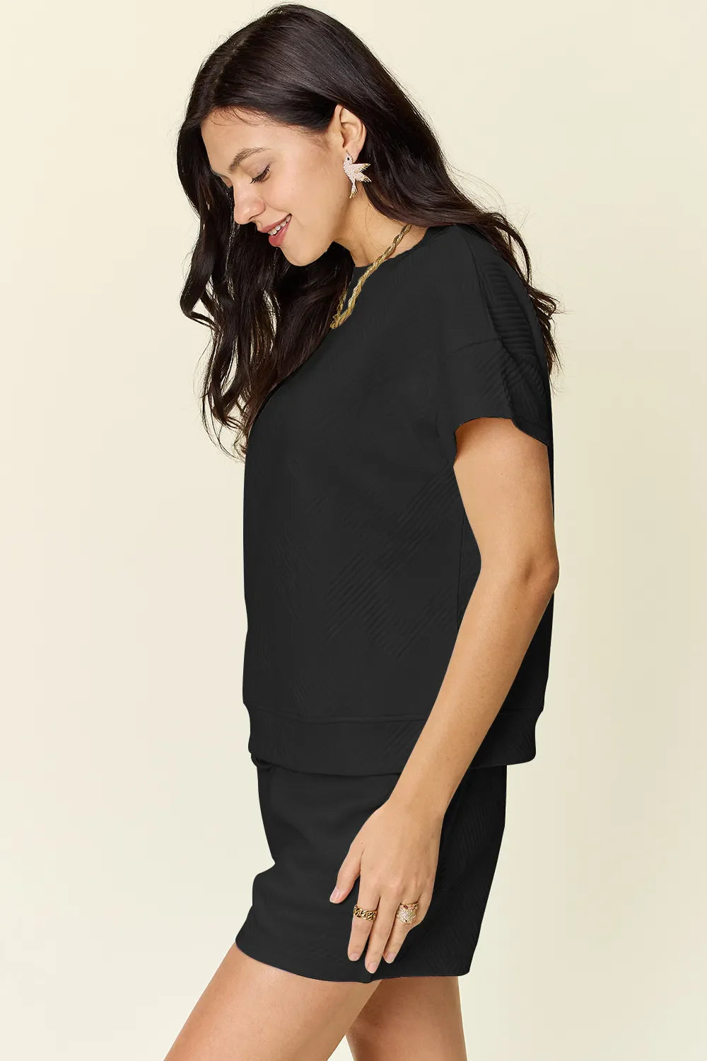 I am a Fashion Junky Full Size Texture Short Sleeve T-Shirt and Drawstring Shorts Set