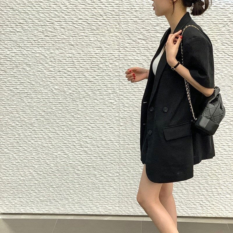 Solid Color Short Sleeve Suit Jacket and Shorts Set