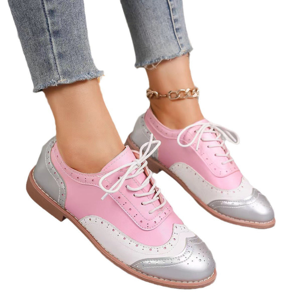 Women's Color-Block Lace-Up Flats Round Toe Casual Shoes – Plus Sizes